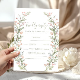 Green pink wildflower floral wedding RSVP cards Kaartje