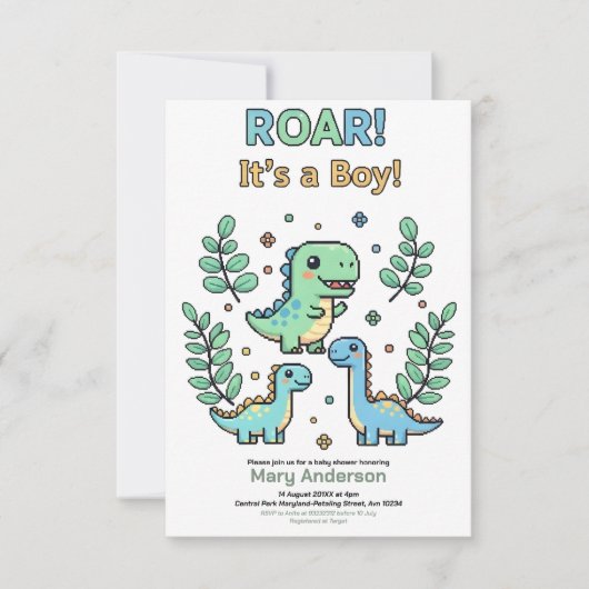 Green Pixelated Dinosaur Baby Shower party boy Kaart (Voorkant)