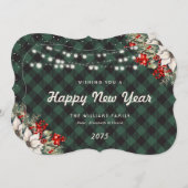 Green Plaid Botanical String Lights New Year Card Feestdagenkaart (Voorkant / Achterkant)