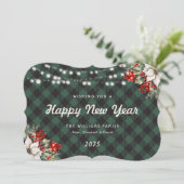 Green Plaid Botanical String Lights New Year Card Feestdagenkaart (Staand voorkant)