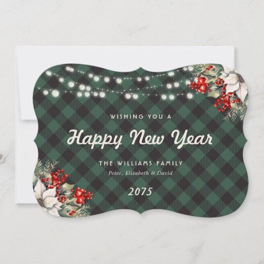 Green Plaid Botanical String Lights New Year Card Feestdagenkaart (Voorkant)