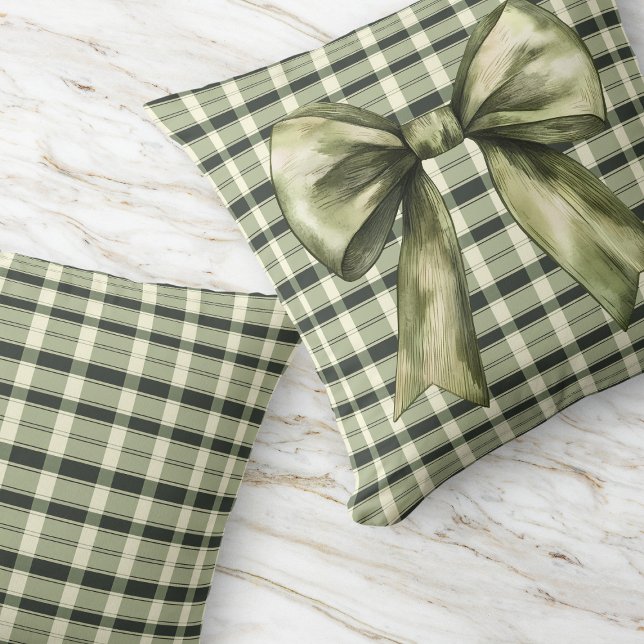 Green Plaid Bow Moderne rustieke boerderij Olijf Kussen (Green Plaid Bow Modern Rustic Farmhouse Olive Throw Pillow)