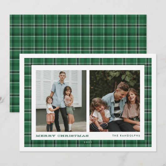 Green Plaid Dubbele Foto Kerstmis Feestdagenkaart (Voorkant / Achterkant)