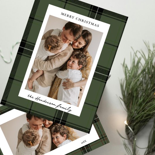 Green Plaid Elegant Custom Two  Photo Christmas  Feestdagenkaart