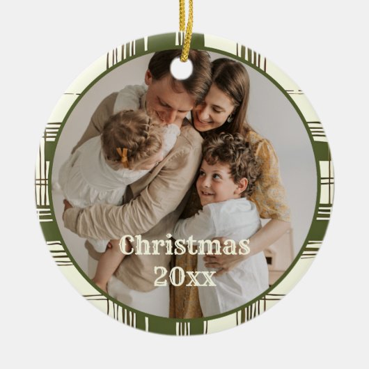  Green Plaid Familiefoto Kerst Keramisch Ornament (Voorkant)