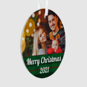 Green Plaid Family Christmas Photo With Text Ornament (voorkant)