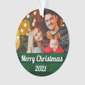 Green Plaid Family Christmas Photo With Text Ornament (voorkant)