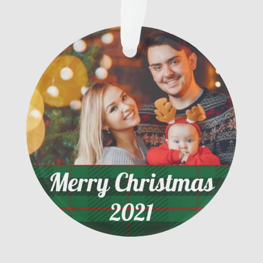 Green Plaid Family Christmas Photo With Text Ornament (voorkant)