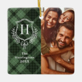 Green Plaid Family Crest Foto van Kerstmis Keramisch Ornament (Voorkant)