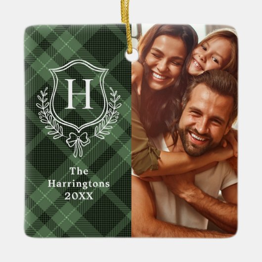 Green Plaid Family Crest Foto van Kerstmis Keramisch Ornament (Voorkant)
