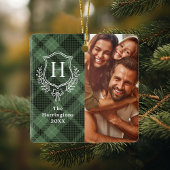 Green Plaid Family Crest Foto van Kerstmis Keramisch Ornament