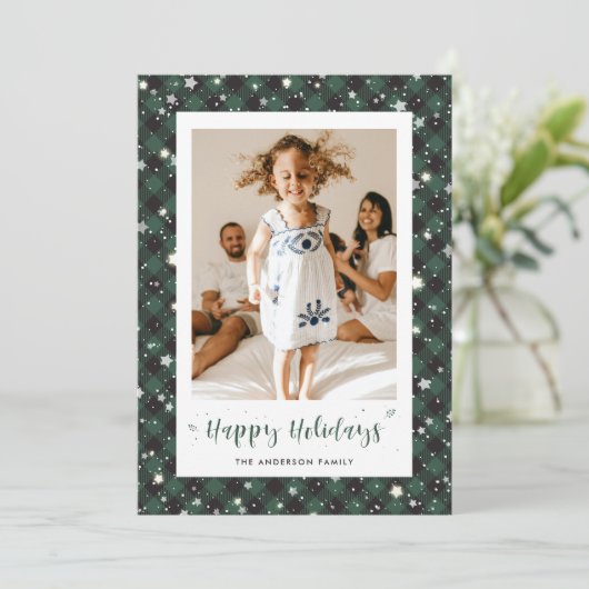 Green Plaid Foto Happy Holiday Kaart (Staand voorkant)