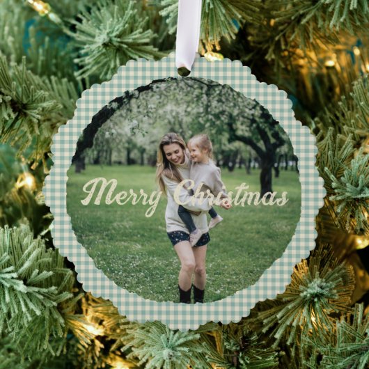 Green Plaid Gingham rustieke foto kerst Ornament Kaart (Insitu (Drie))