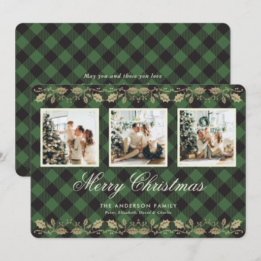 Green Plaid Gold Holly Foto Vrolijke Kerst Kaart (Voorkant / Achterkant)