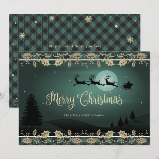 Green Plaid Holly Snowflake Santa Vrolijk Kerstfee Feestdagenkaart (Voorkant / Achterkant)