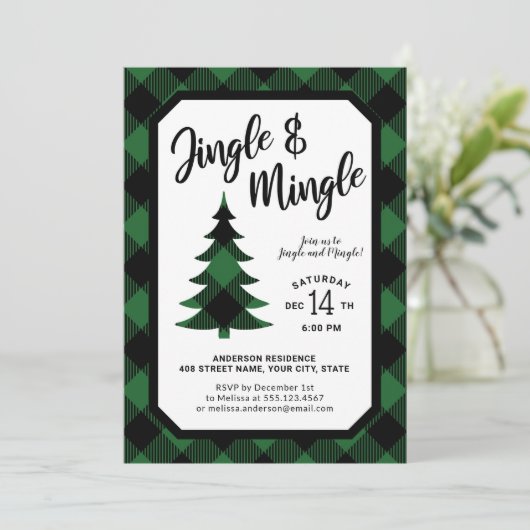 Green Plaid Jingle en Mingle Holiday Party Kaart (Staand voorkant)