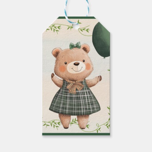 Green Plaid Jurk Beer met Hair Bow Cadeaulabel (Voorkant)