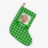 Green Plaid Kid Photo & Name Gingham Rustic Checks Kleine Kerstsok (Voorkant (Hangend))