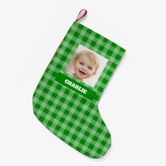 Green Plaid Kid Photo & Name Gingham Rustic Checks Kleine Kerstsok (Voorkant (Hangend))