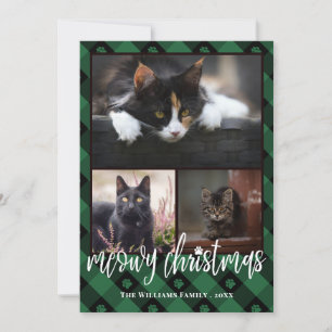 Green Plaid Meowy Kerstfotocollage Feestdagenkaart