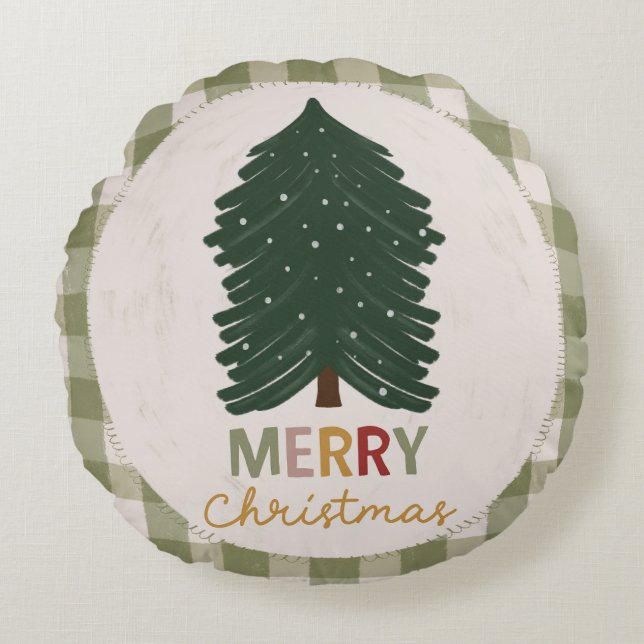 Green Plaid Merry Christmas, Rustic Farmhouse Rond Kussen (Voorkant)