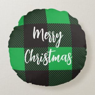 Green plaid Merry kerst Rond Kussen