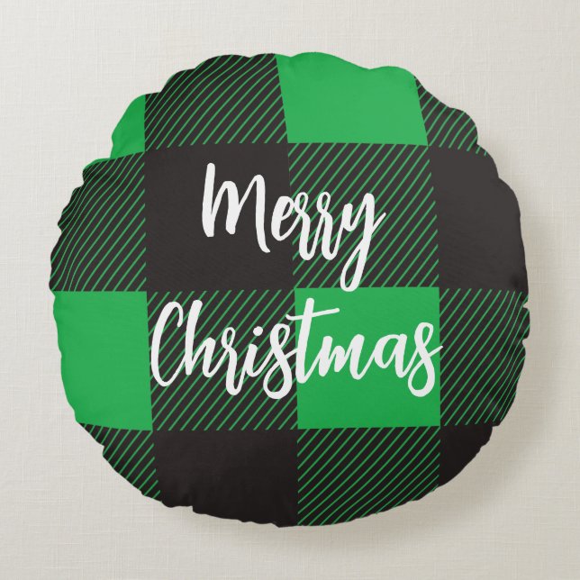Green plaid Merry kerst Rond Kussen (Voorkant)