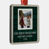 Green Plaid Our First Christmas Metalen Ornament (Rechts)
