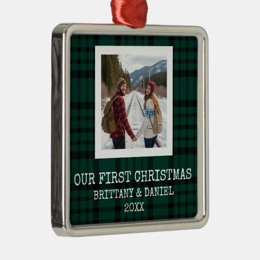 Green Plaid Our First Christmas Metalen Ornament (Rechts)