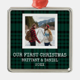 Green Plaid Our First Christmas Metalen Ornament