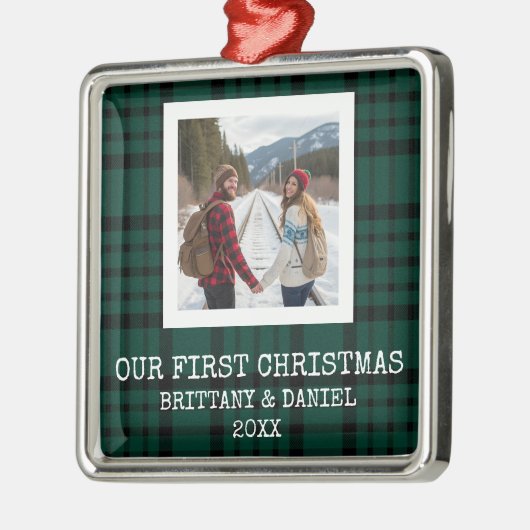 Green Plaid Our First Christmas Metalen Ornament (Links)