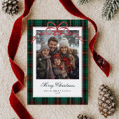 Green Plaid Red Bow Photo Feestdagenkaart