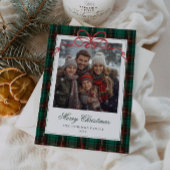 Green Plaid Red Bow Photo Feestdagenkaart