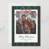 Green Plaid Red Bow Photo Feestdagenkaart (Voorkant)