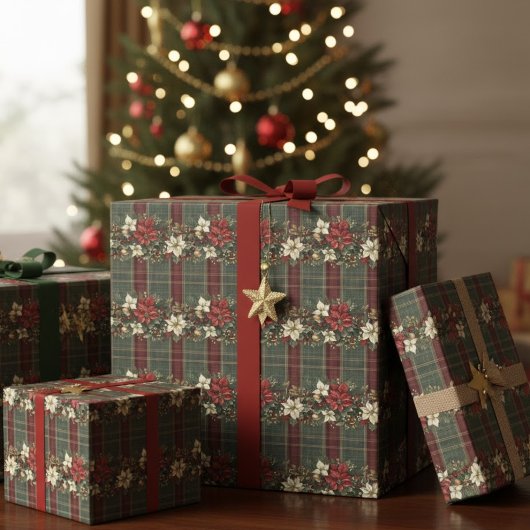 Green Plaid Red Gold Poinsettia Christmas Pattern Cadeaupapier