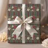 Green Plaid Red Gold Poinsettia Christmas Pattern Cadeaupapier