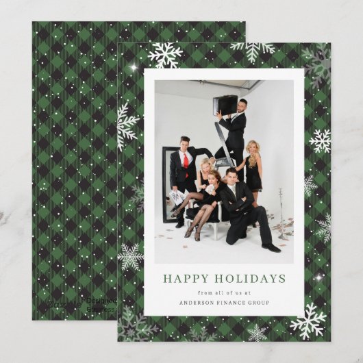 Green Plaid Sneeuwvlok Foto Bedrijfsleven Feestdagenkaart (Voorkant / Achterkant)