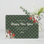 Green Plaid Snow Botanical New Year Card Feestdagenkaart (Staand voorkant)