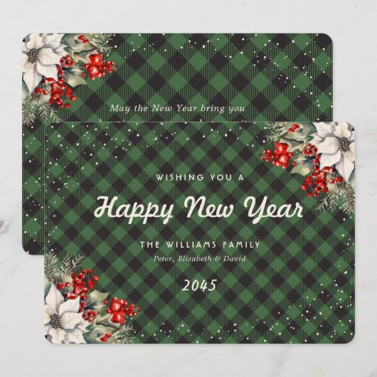 Green Plaid Snow Botanical New Year Card Feestdagenkaart (Voorkant / Achterkant)