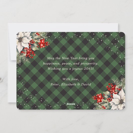 Green Plaid Snow Botanical New Year Card Feestdagenkaart (Achterkant)