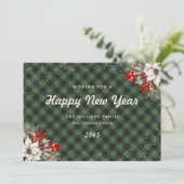Green Plaid Snowflake Botanical New Year Card Feestdagenkaart (Staand voorkant)