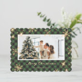 Green Plaid Sparkling Snowflake Foto Kerst Feestdagenkaart (Staand voorkant)