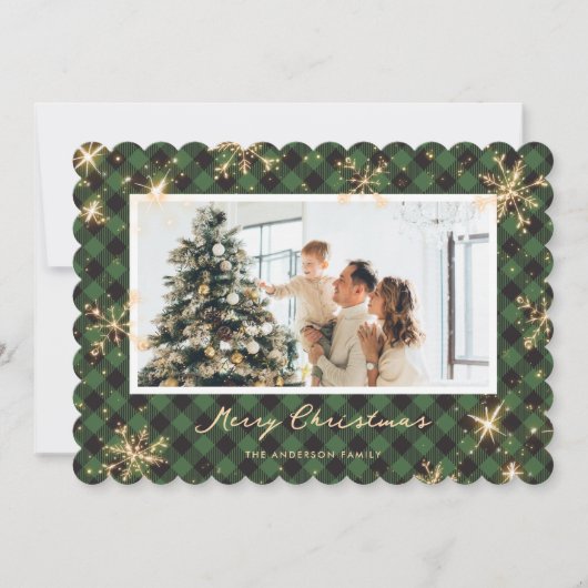 Green Plaid Sparkling Snowflake Foto Kerst Feestdagenkaart (Voorkant)