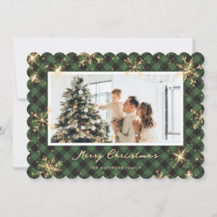 Green Plaid Sparkling Snowflake Foto Kerst Feestdagenkaart
