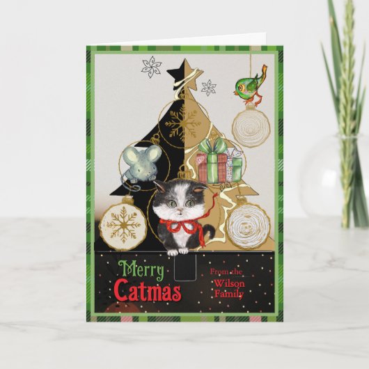 Green Plaid Split-Tree Catmas Card | Cute Kitten  Feestdagen Kaart (Voorkant)