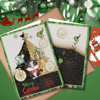 Green Plaid Split-Tree Catmas Card | Cute Kitten Feestdagen Kaart
