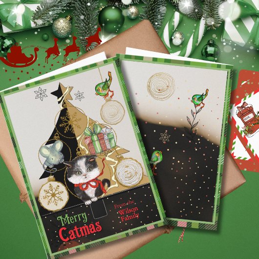 Green Plaid Split-Tree Catmas Card | Cute Kitten  Feestdagen Kaart