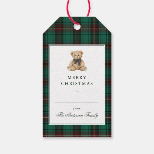 Green Plaid Teddy Bear Christmas Party Cadeaulabel (Voorkant)