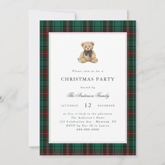 Green Plaid Teddy Bear Christmas Party Kaart (Voorkant)