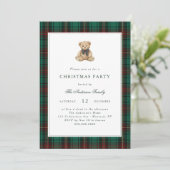 Green Plaid Teddy Bear Christmas Party Kaart (Staand voorkant)